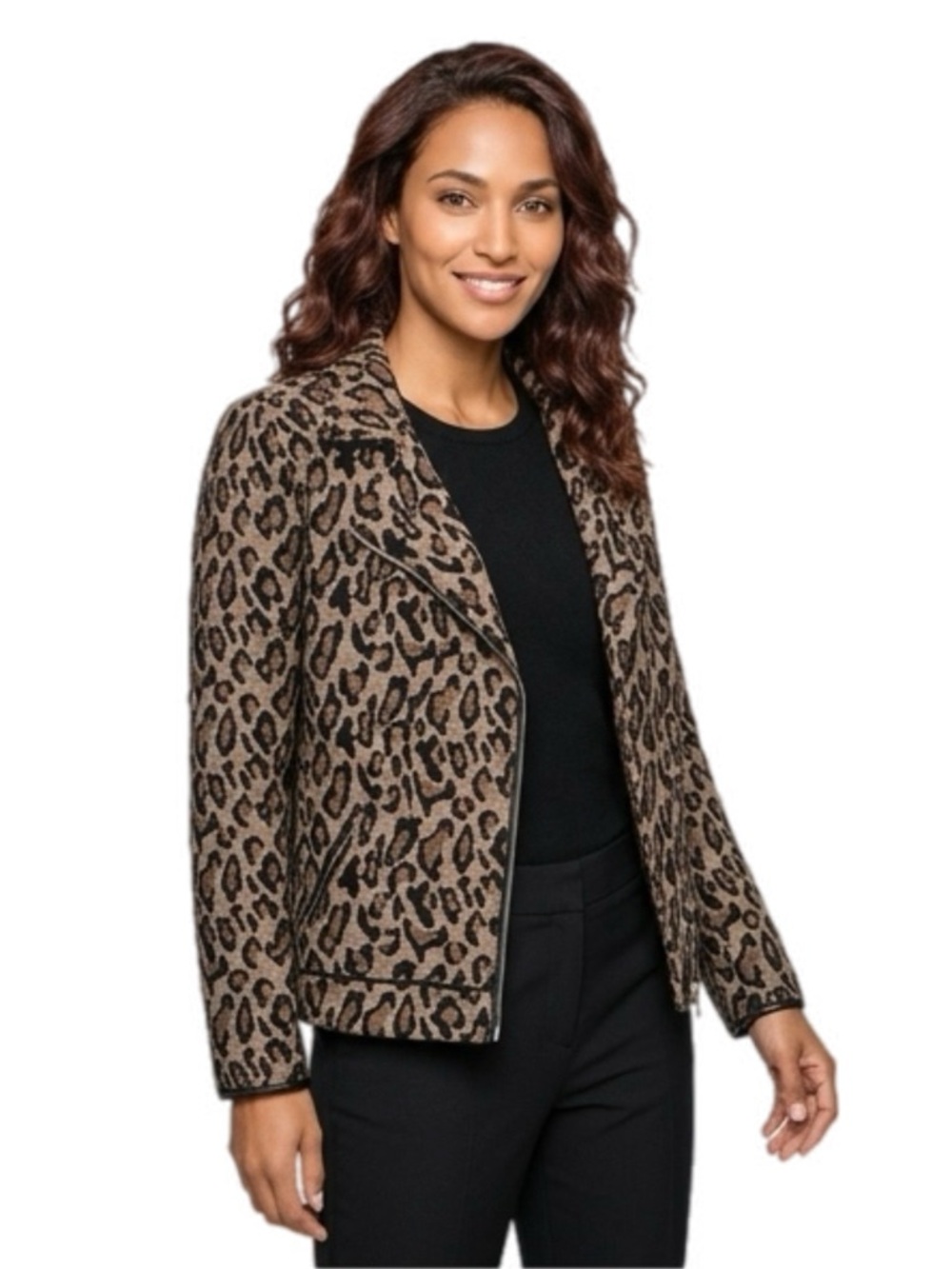 Chico's Leopard-Print Zip Blazer Jacket Size 0 P2P 19” Gold Tone Hardware
